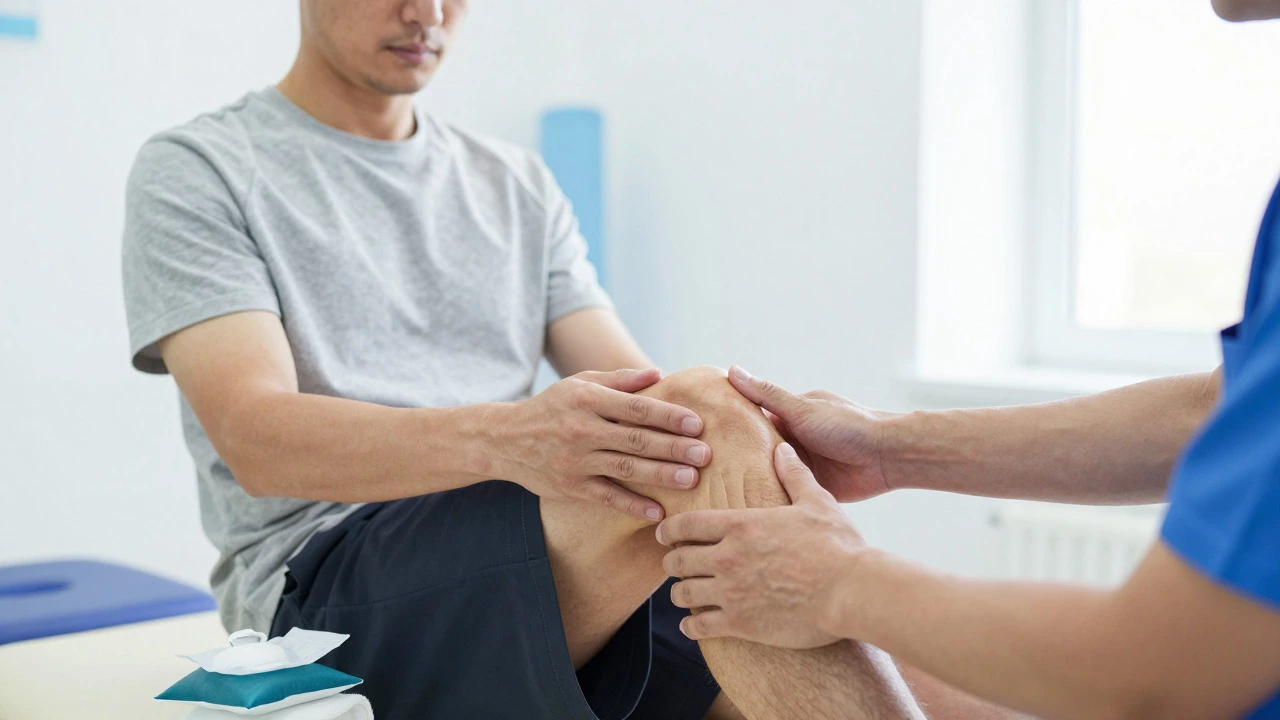 Physiotherapist assisting patient with knee range-of-motion exercise