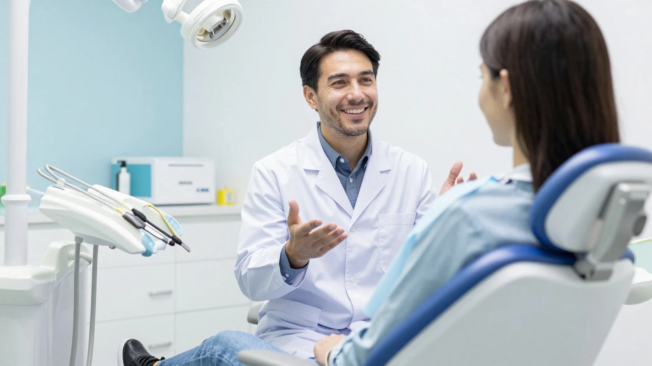 Smiling patient talking to dentist in a modern clinic