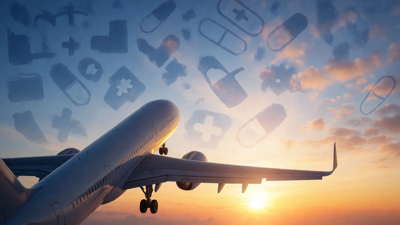 Airplane taking off with medical-themed cloud formations