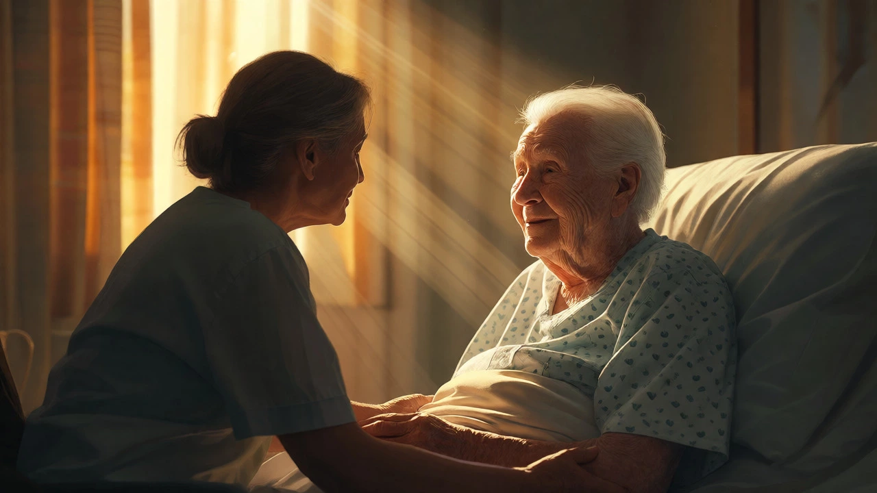 Alert patient interacting with family in a sunlit room, depicting terminal lucidity.