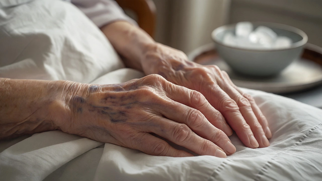 Close-up of an elderly person's hands showing mottled skin and circulation changes.