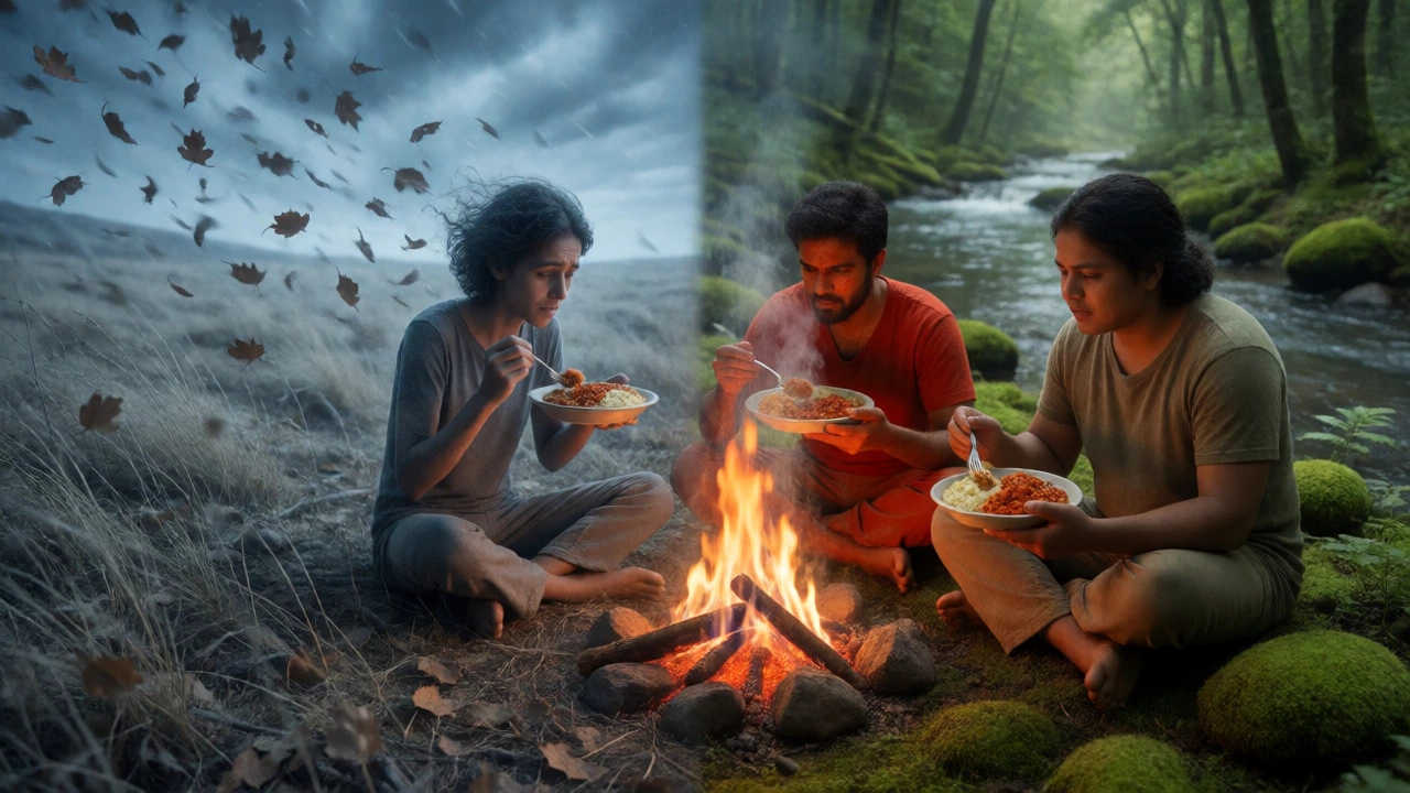 Contrasting figures illustrating Vata, Pitta, and Kapha dosha traits in nature