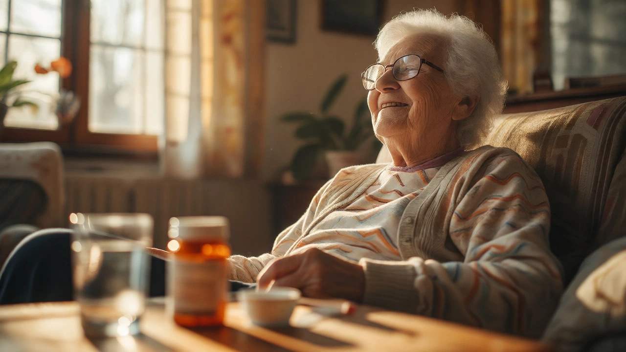 Elderly person calmly taking medication in a sunlit living room