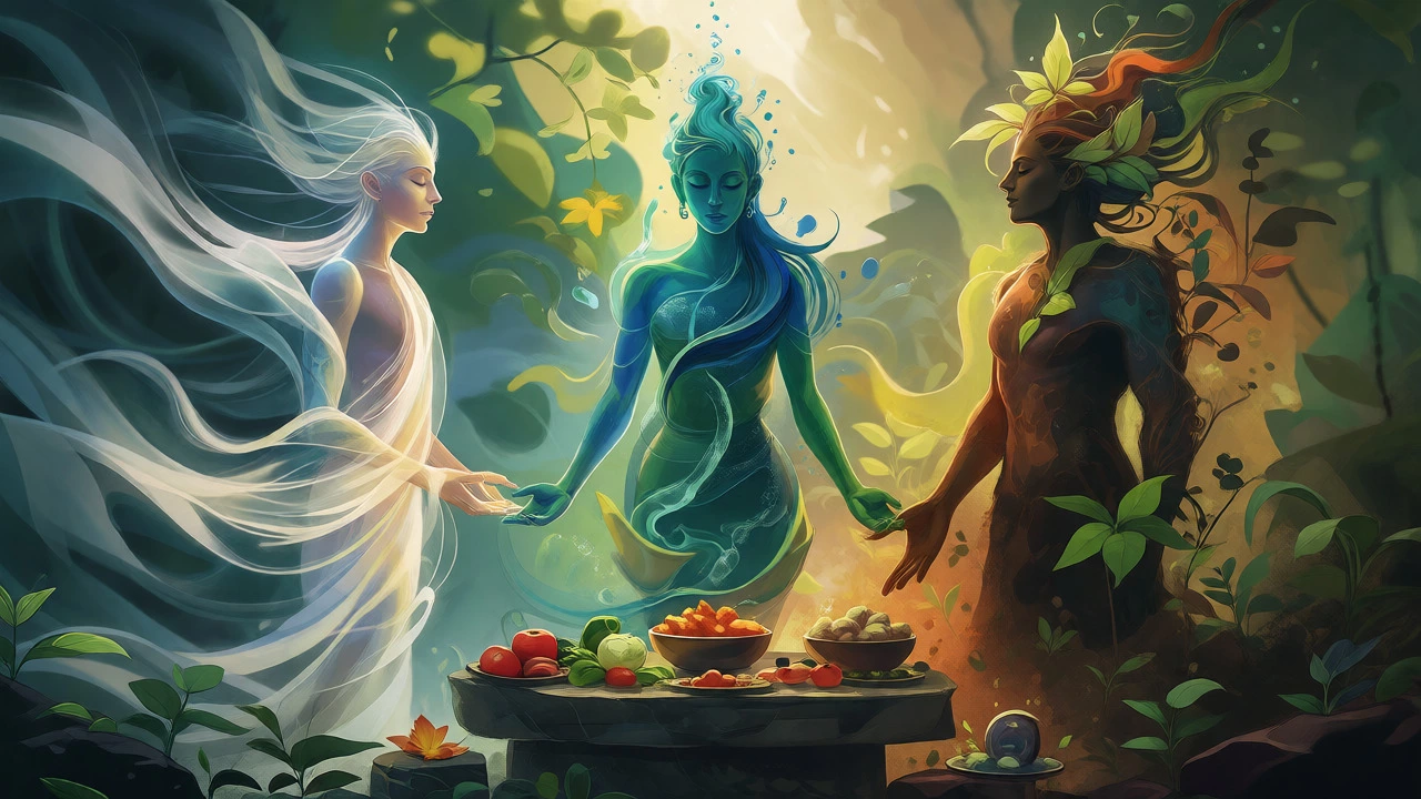 Ethereal illustration of Vata, Pitta, and Kapha doshas represented by wind, water, and earth elements