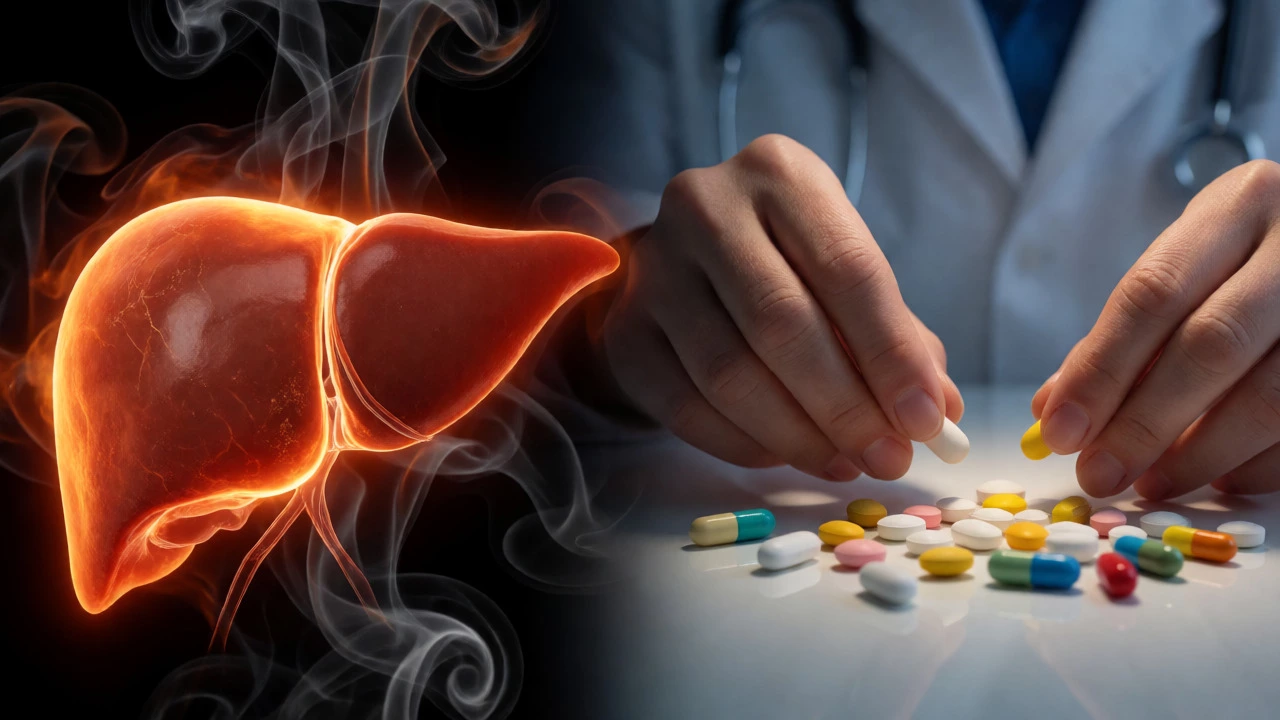 Glowing liver next to sorted medications illustrating supplement risks