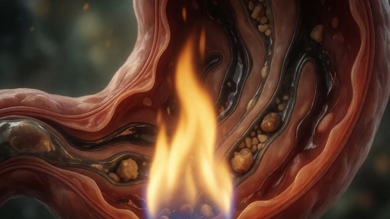 Golden digestive fire burning beneath dark, sticky toxicity blocking channels