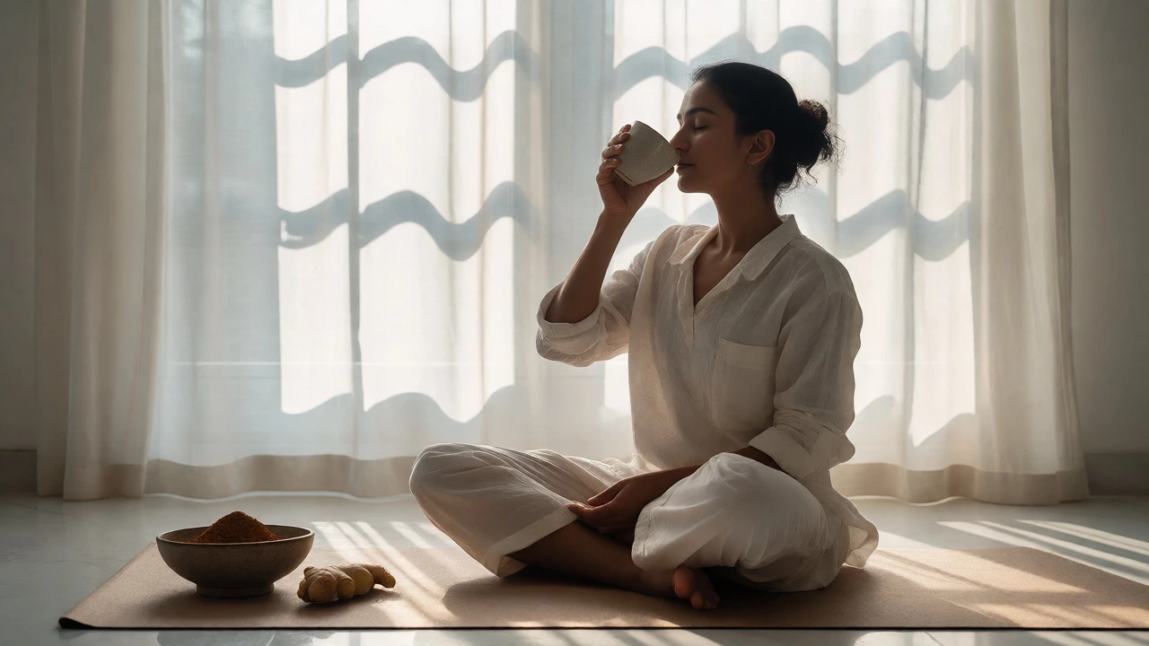 Person meditating and drinking warm herbal tea during a peaceful morning Ayurvedic routine