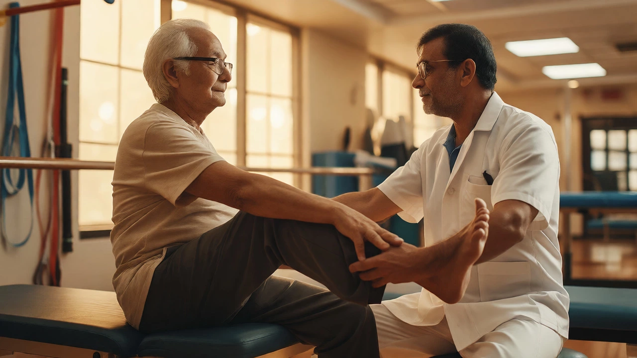 Physical therapist assisting an elderly patient with gentle knee rehabilitation exercises.