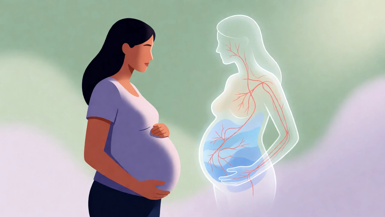 Pregnant woman visualizing herbal effects on her body in a conceptual illustration