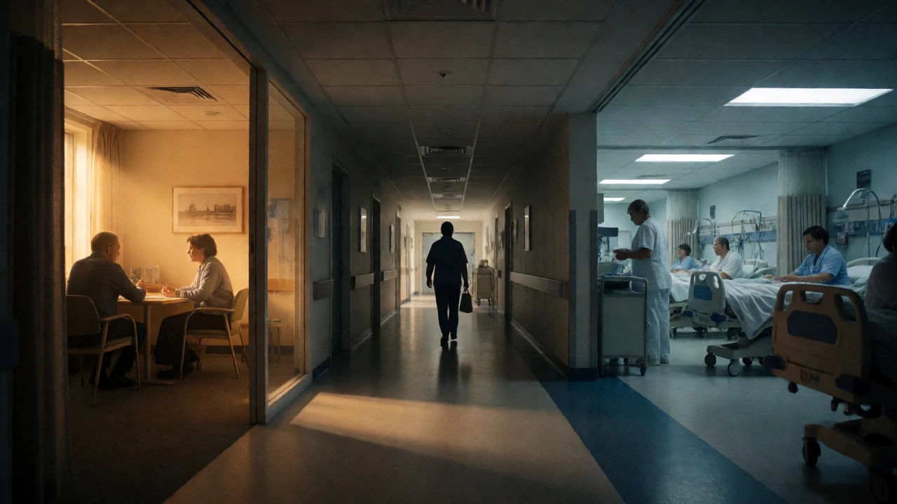 Split view of luxury vs public hospital corridors at night