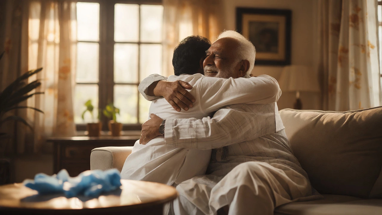 Warm embrace between an elderly cancer patient and a relative in a sunlit room.