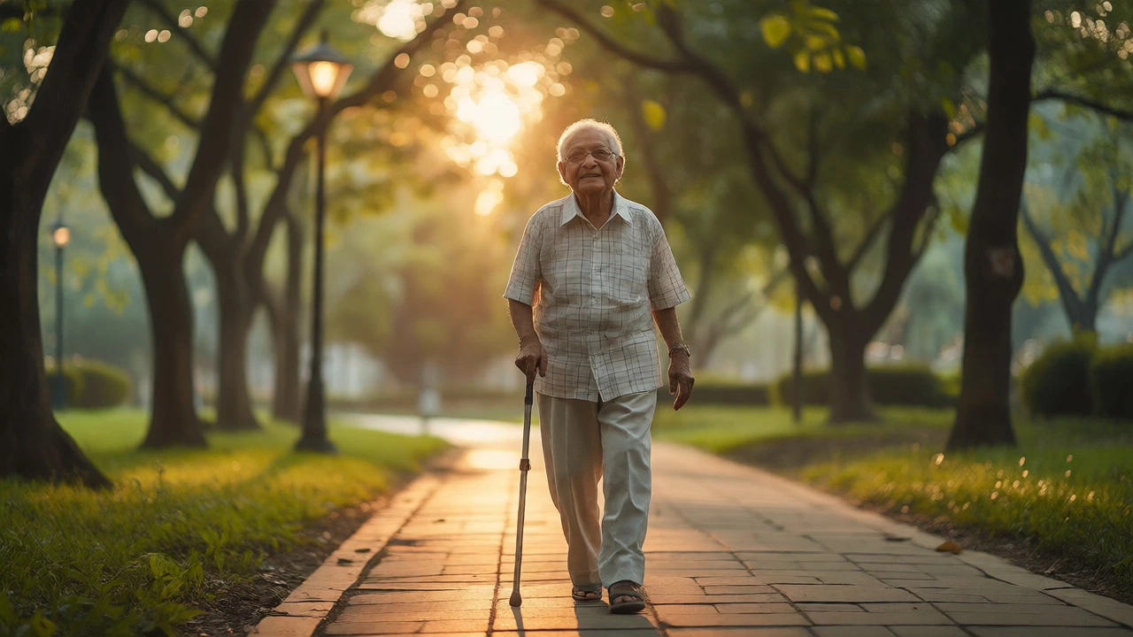 Elderly patient walking happily in a park after recovery