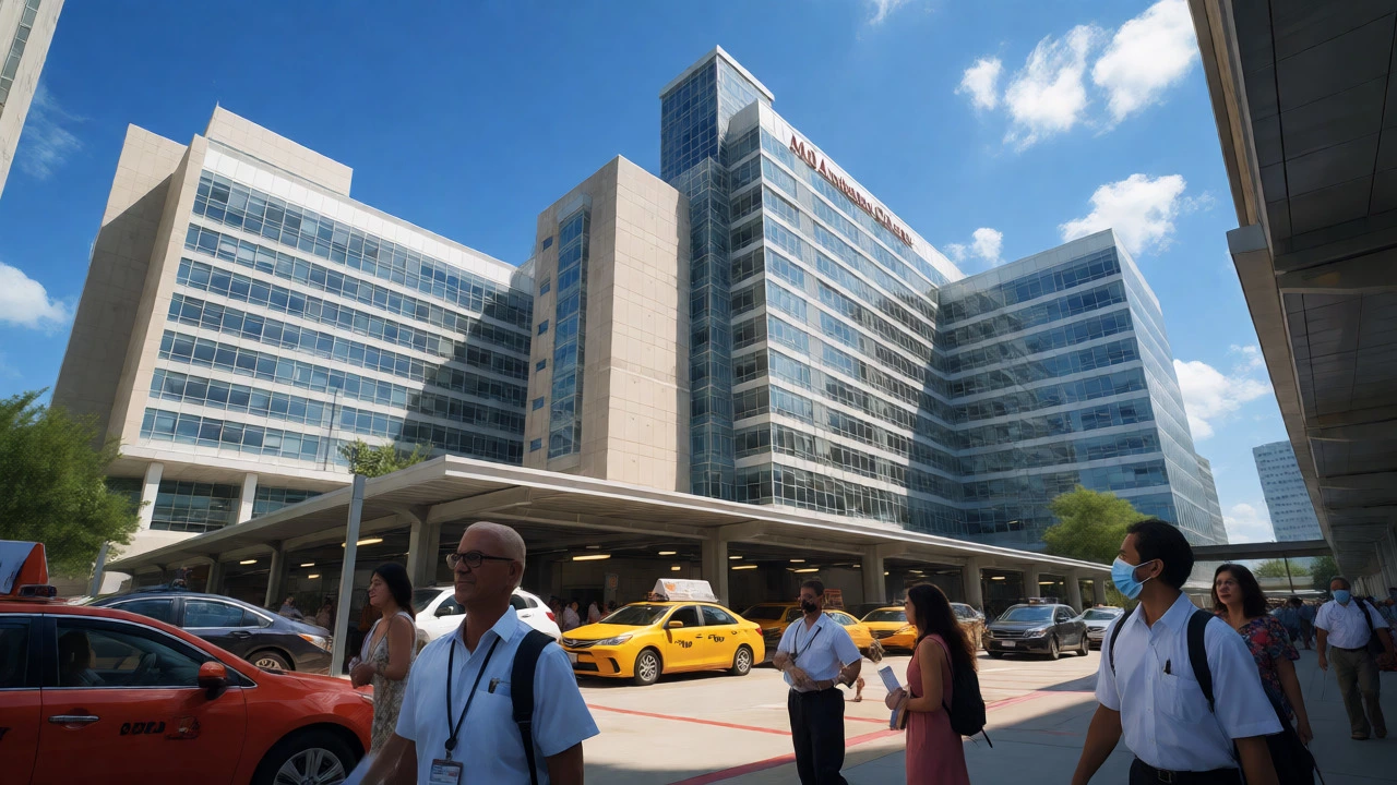 Exterior of MD Anderson Cancer Center with international patients arriving