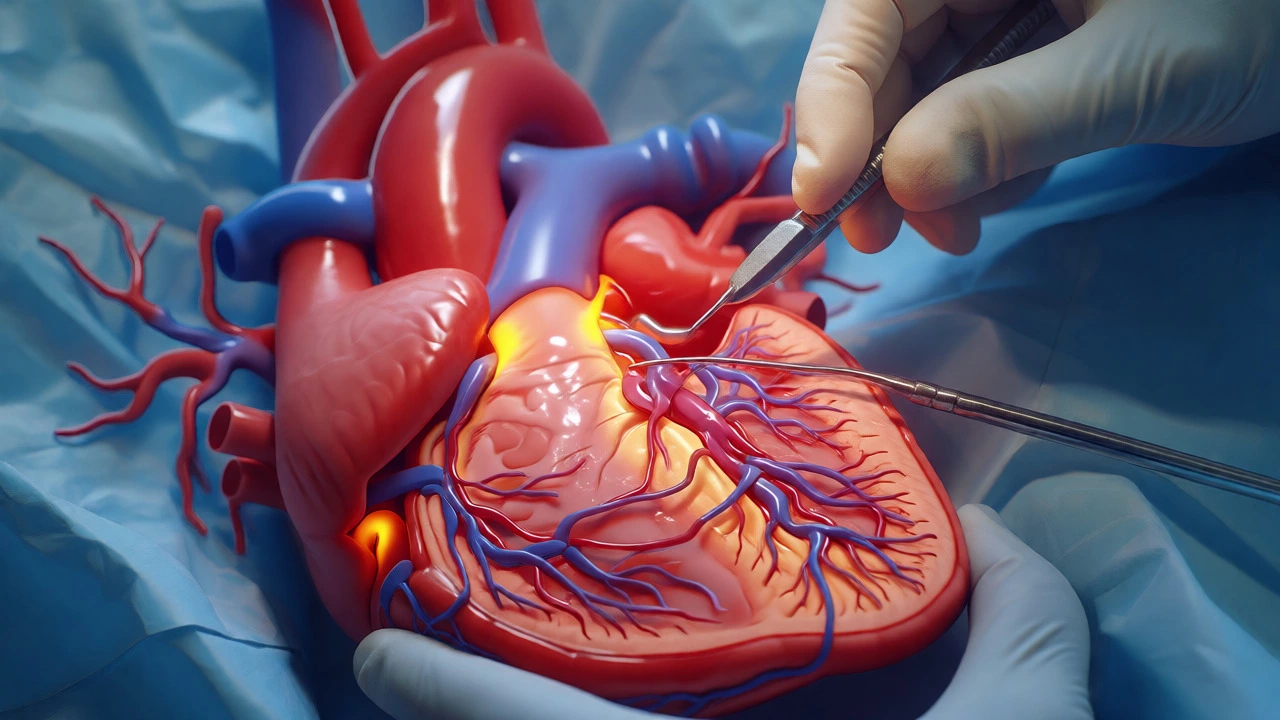 Surgeon performing coronary artery bypass grafting on a heart